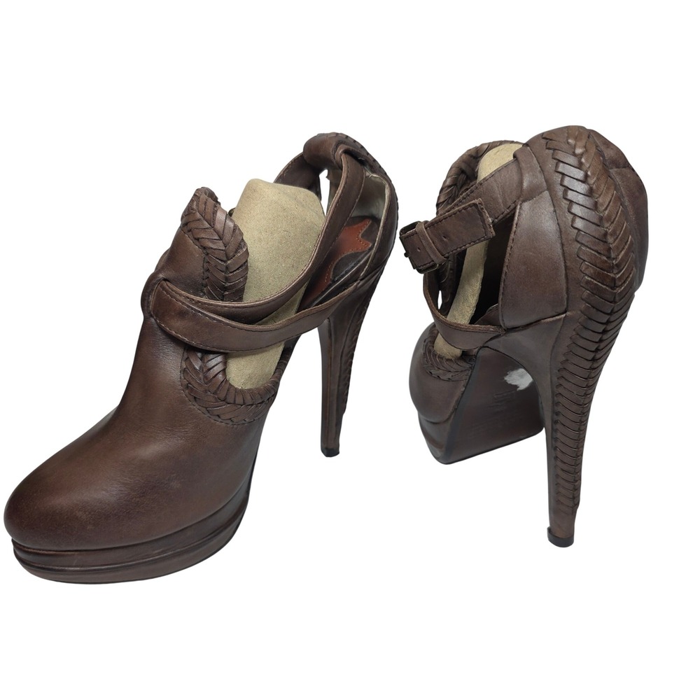 Max Studio Brown Leather Braided Ultra high Heel Ankle Booties W's Size‎ 6M Sexy
